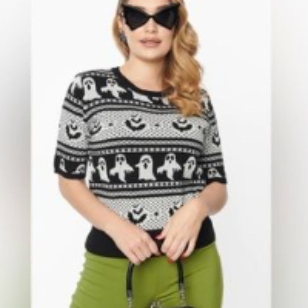 NWT Unique Vintage Black Black & Grey Ghost Delight Fair Isle Knit Top 3x - Picture 4 of 9